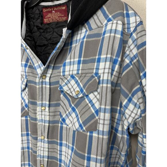 Comfort Outfitter Quilted Flannel Jacket Adult XL Blue Gray Plaid Pearl Snap - Picture 5 of 14